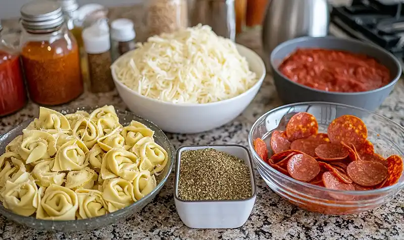 Cheesy Pizza Tortellini Bake 4 Main ingredients for Cheesy Pizza Tortellini Bake