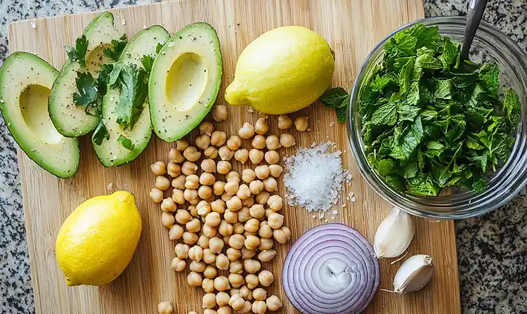 Main ingredients for Chickpea Feta Avocado Salad
