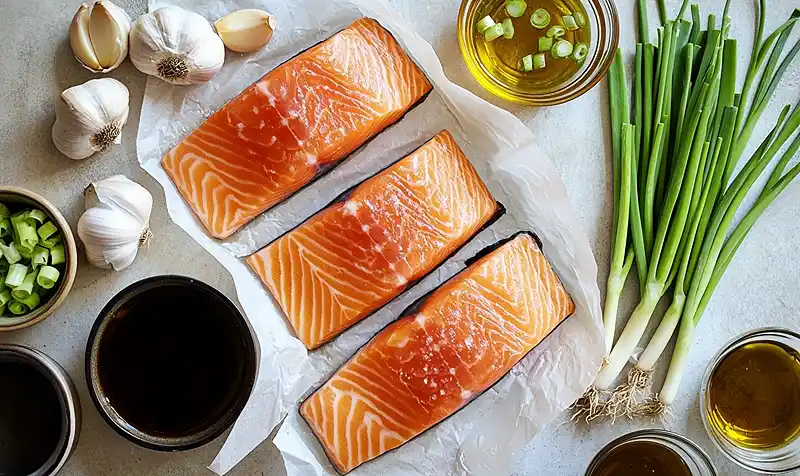 Crispy Honey Garlic Glazed Salmon 4 Main ingredients for Crispy Honey Garlic Glazed Salmon