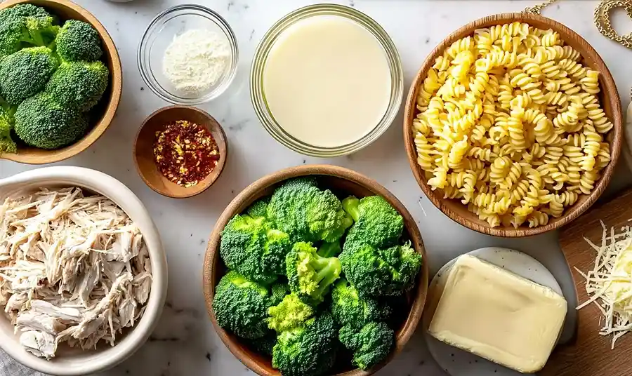 Main ingredients for High Protein Rotisserie Chicken Broccoli Pasta