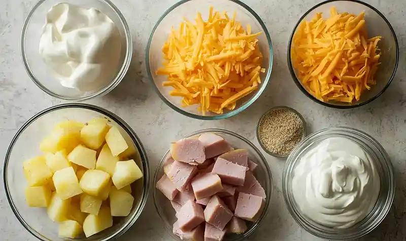 Main ingredients for Holiday Ham & Cheesy Potato Casserole