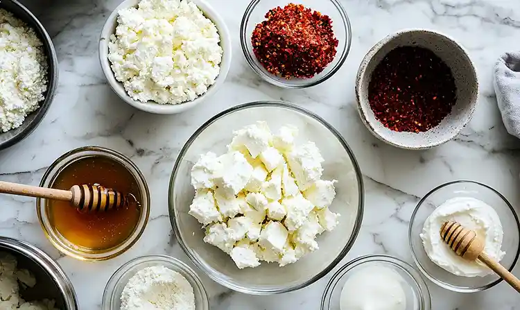 Oven Fried Feta Rolls with Chili Honey 4 Main ingredients for Oven Fried Feta Rolls