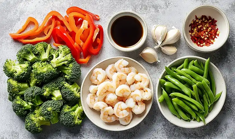 Main ingredients for Shrimp And Vegetable Stir-Fry
