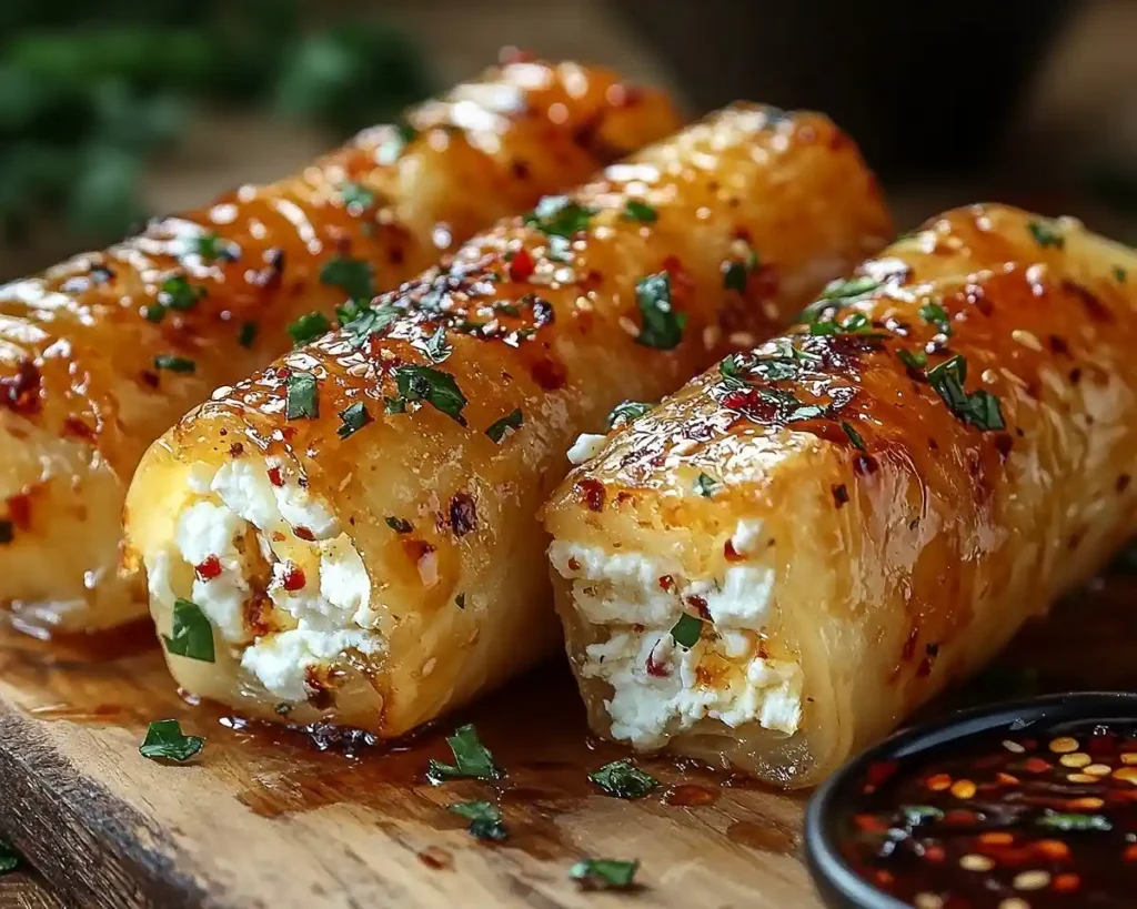 Oven Fried Feta Rolls with Chili Honey