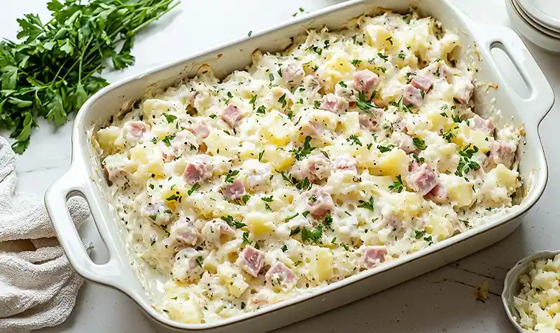 Preparing Cheesy French Onion Potato & Ham Bake