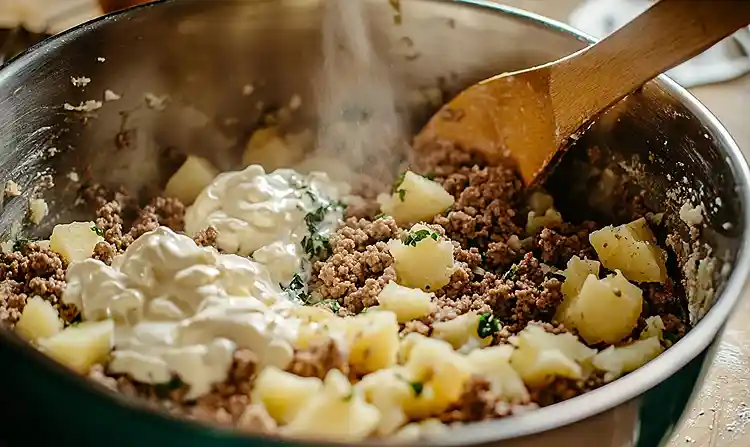 Preparing Ground Beef and Potatoes Casserole