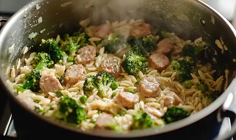 Preparing chicken sausage and broccoli