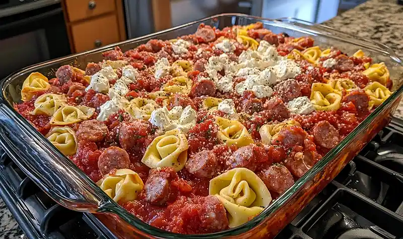 Creamy Sausage and Tortellini Dump Bake 5 Preparing the 5-ingredient Creamy Sausage and Tortellini Dump Bake