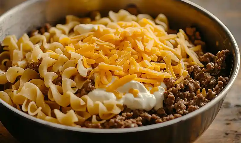 Preparing the Cheesy Sour Cream Beef Noodle Bake