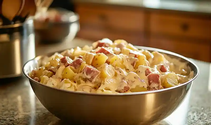 Preparing the Holiday Ham & Cheesy Potato Casserole