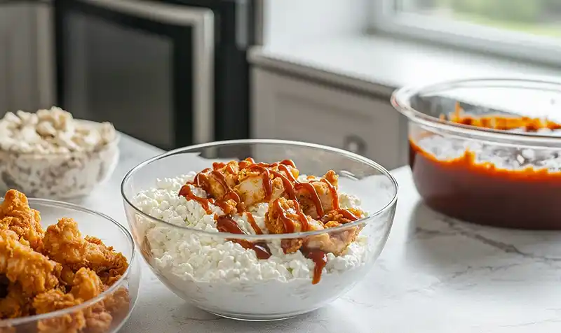 Preparing the Macro Friendly BBQ Ranch Chicken Bowl with 42g protein