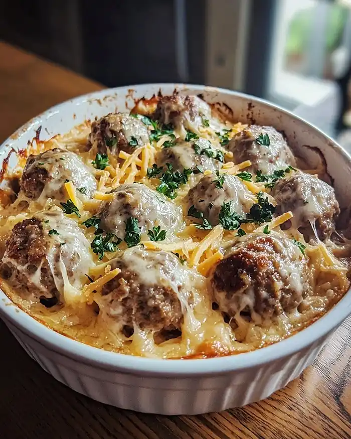 Spicy 5-Ingredient Mushroom Swiss Meatball Bake
