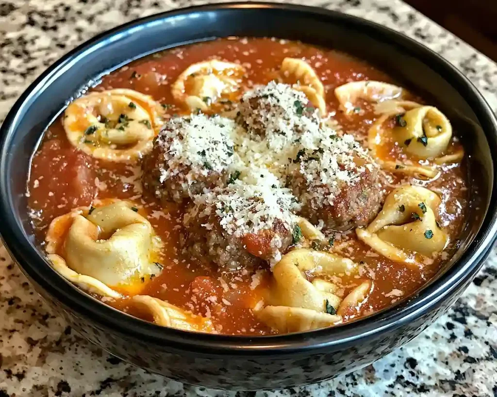 Crockpot Cheesy Tortellini Meatball Soup