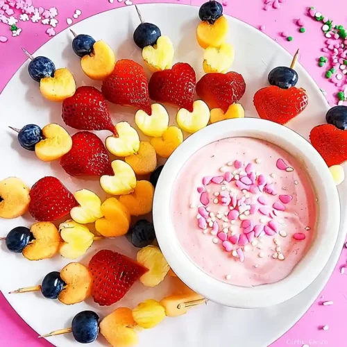 Heart-Shaped Fruit Skewers with Yogurt Dip