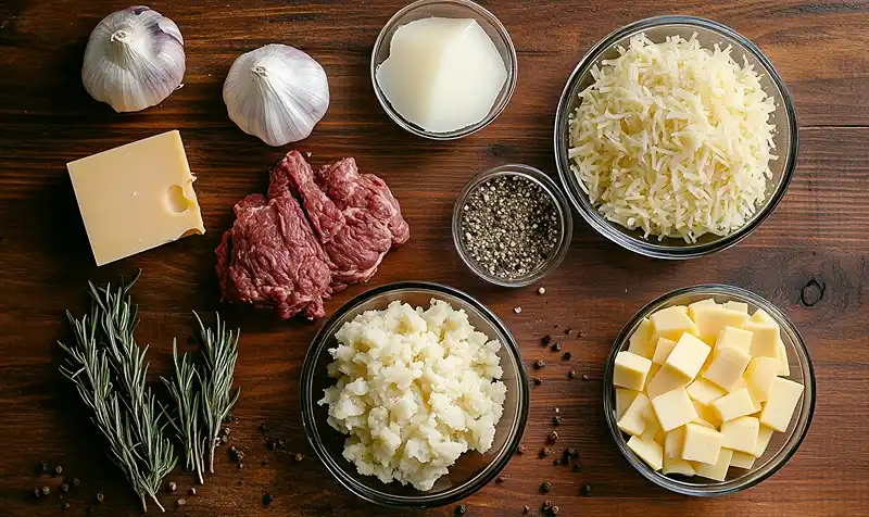 Main ingredients for Cheesy French Onion Beef & Potato Bake