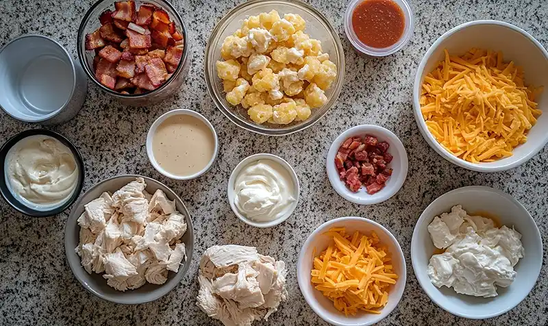 Main ingredients for Cracked Out Chicken Tater Tot Casserole