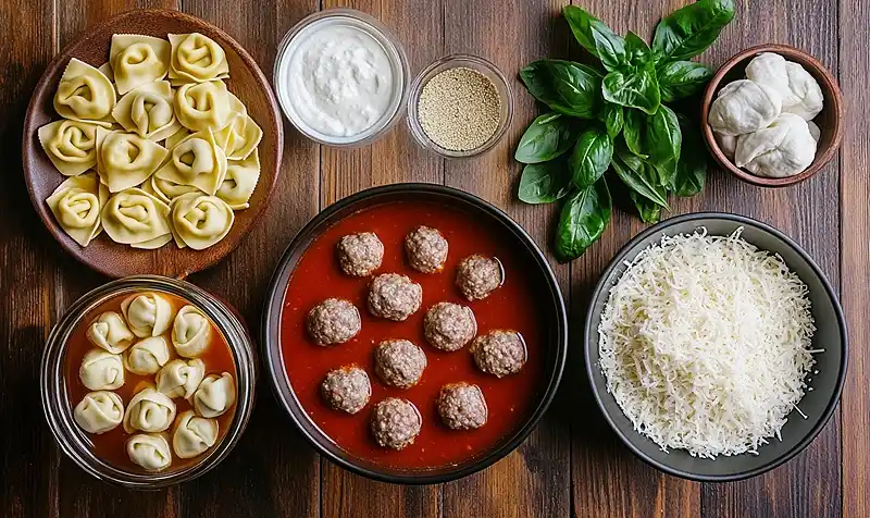 Main ingredients for Crockpot Cheesy Tortellini Meatball Soup