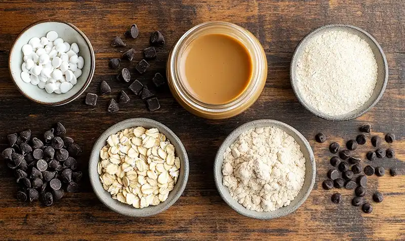 Homemade Perfect Bars 3 Main ingredients for Dark Chocolate Chip Peanut Butter