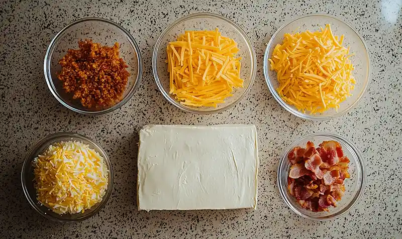 Mini Bacon Ranch Cheeseballs 3 Main ingredients for Mini Bacon Ranch Cheeseballs