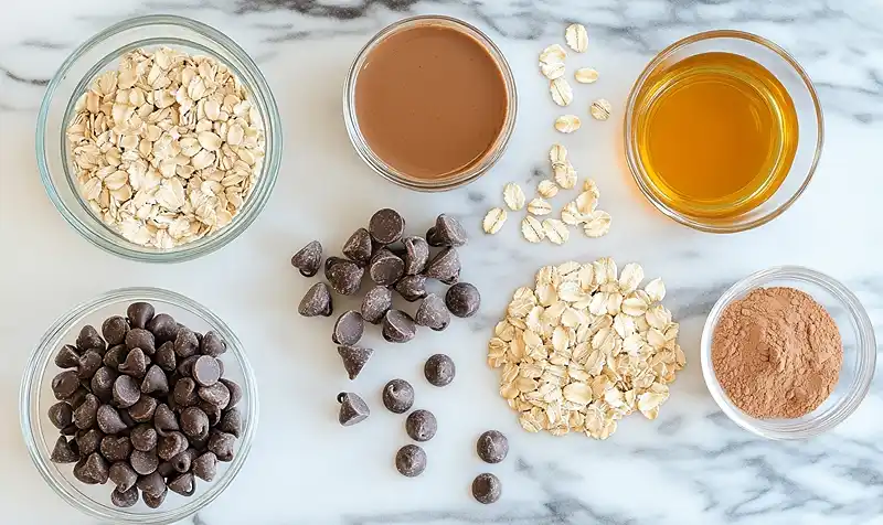 No-Bake Chocolate Peanut Butter Protein Balls 3 Main ingredients for No-Bake Chocolate Peanut Butter Protein Balls