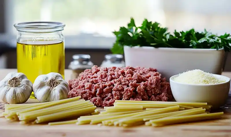One-Pot Beef Pasta with Garlic Butter 3 Main ingredients for One-Pot Beef Pasta with Garlic Butter