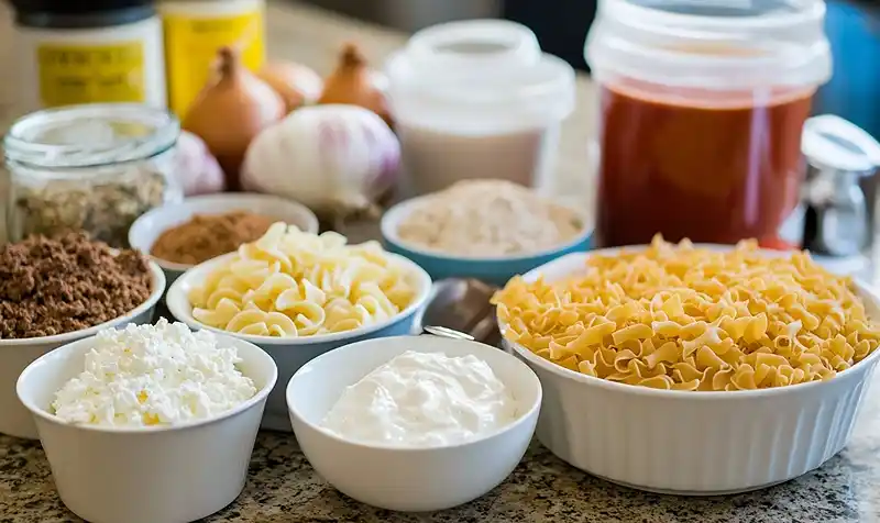 Main ingredients for Sour Cream Beef Noodle Casserole