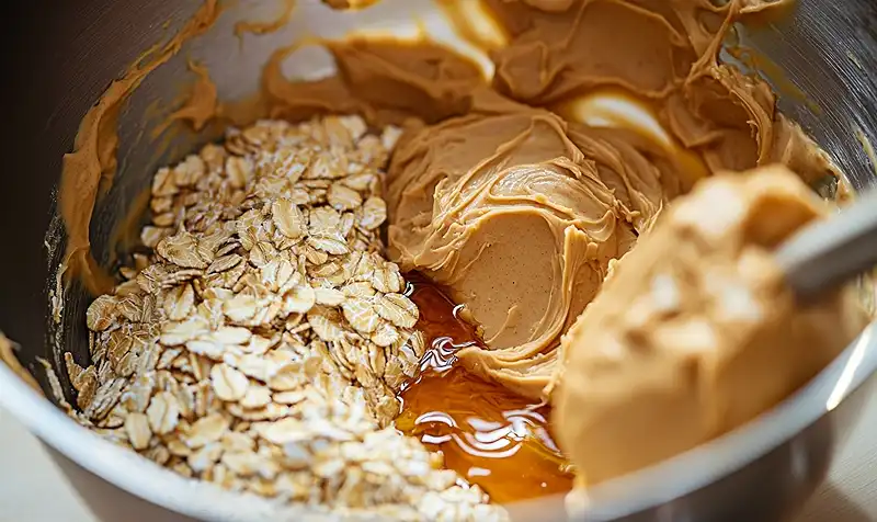 Mixing 5-Ingredient Peanut Butter Oatmeal Chocolate Chip Cookies