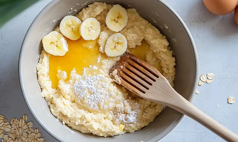 Energizing Banana Oatmeal Bars 4 Mixing the ingredients for Energizing Banana Oatmeal Bars