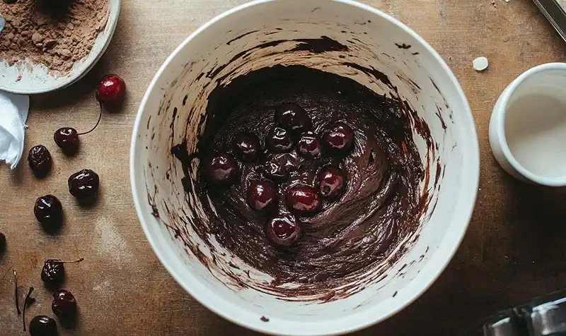 Preparing and mixing Roasted Cherry Brownies