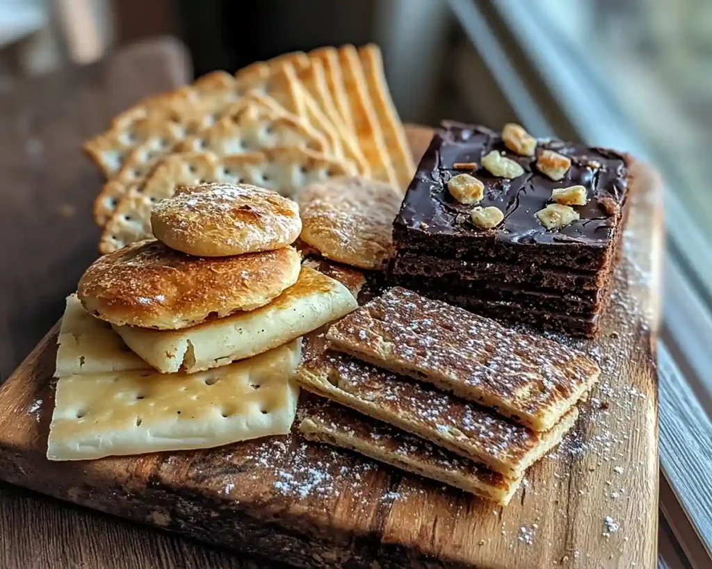 assortment of sourdough discard creations — a slice of focaccia, a stack of pancakes, a few crackers, and a chocolate brownie piece