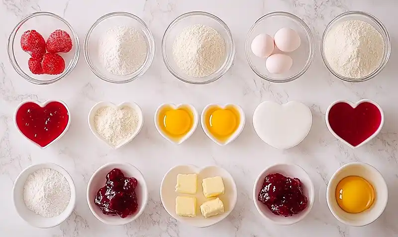 ingredients for Heart-Shaped Thumbprint Cookies