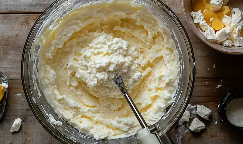mixing the ingredients for Cottage Cheese Cheesecake Brownies