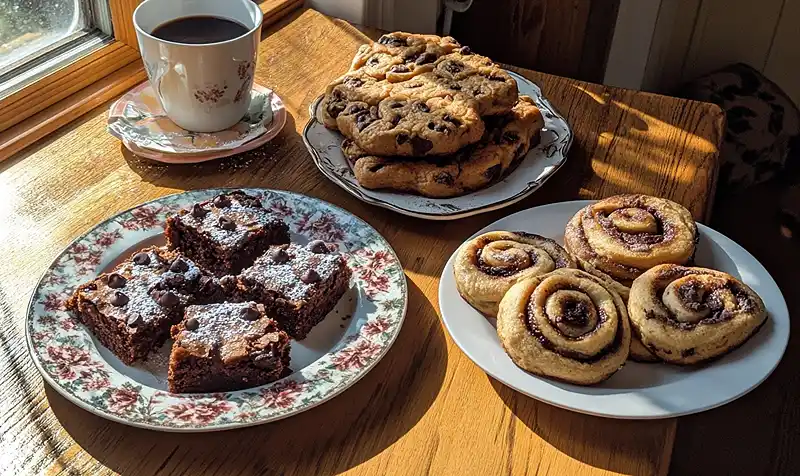 sourdough discard brownies, chocolate chip cookies, cinnamon rolls, and pancakes