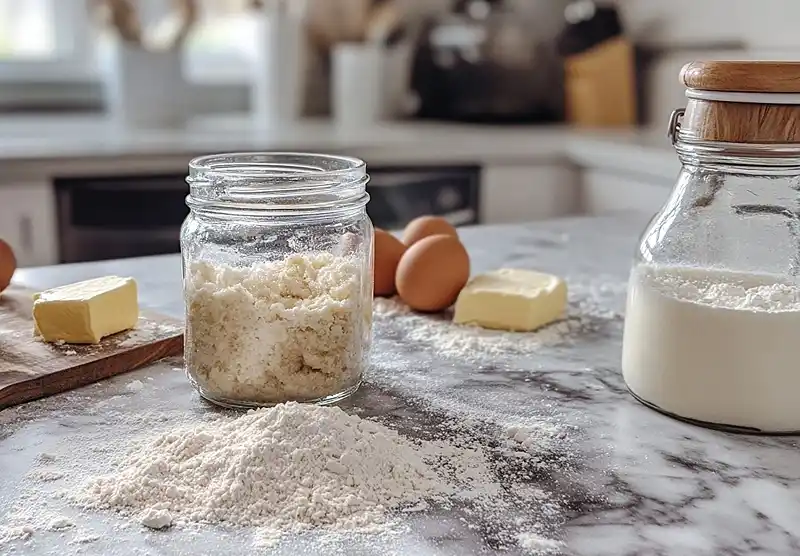 sourdough discard on a kitchen counter next to flour