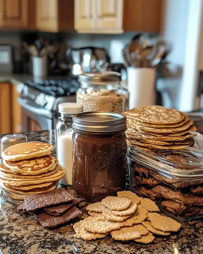 sourdough discard surrounded by pancakes, brownies, crackers, tortillas, and cookies on a kitchen counter