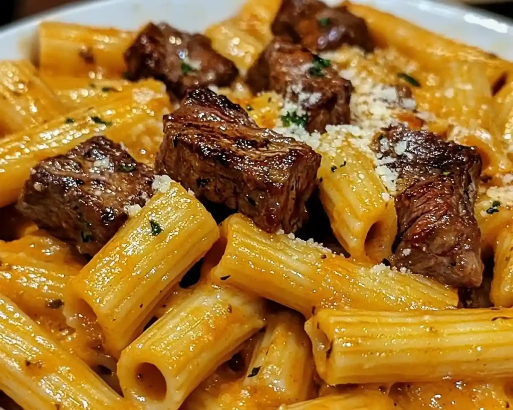 Cajun steak tips in cheesy rigatoni Parmesan sauce