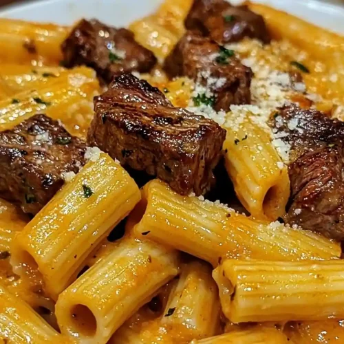 Cajun steak tips in cheesy rigatoni Parmesan sauce