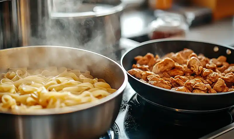 Cooking Creamy Chicken and Corn Pasta with Bacon