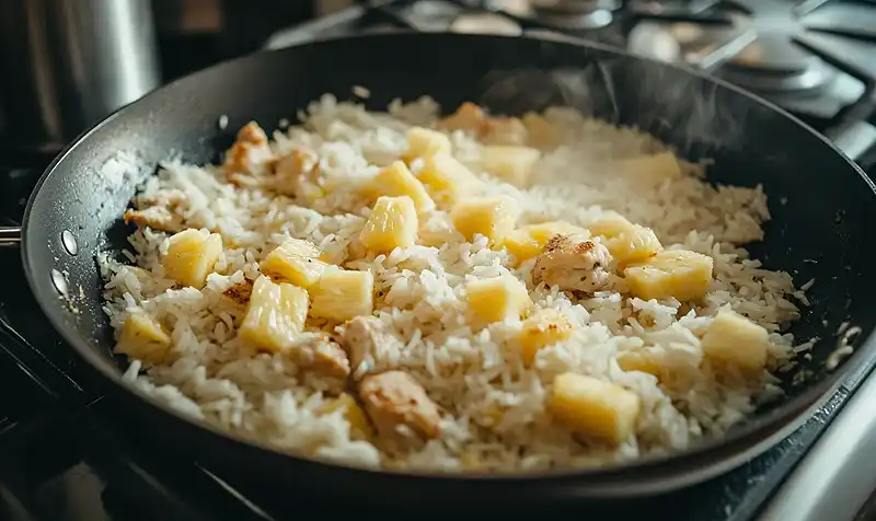 Cooking one-pan pineapple chicken and rice