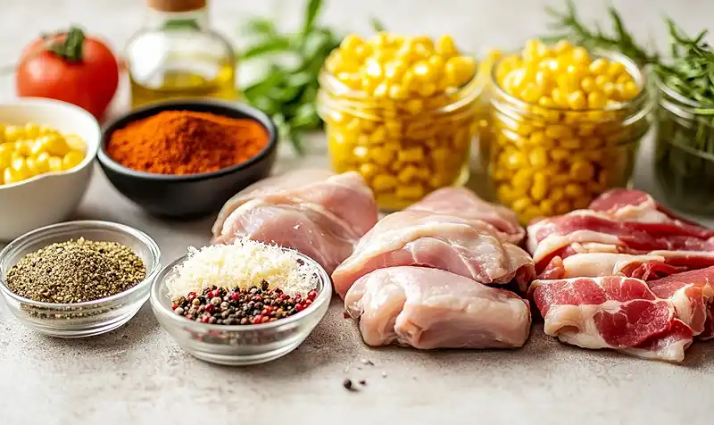 Ingredients for Creamy Chicken and Corn Pasta with Bacon