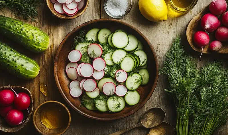 Ingredients for Dewy Dill Delight Radish and Cucumber Salad