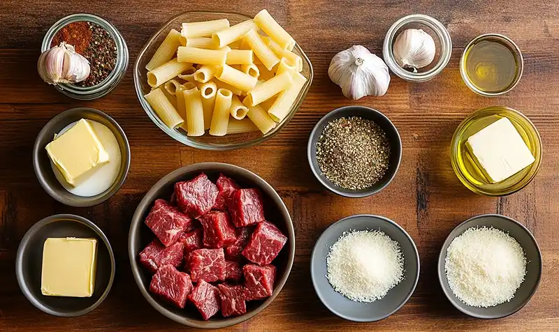 Main ingredients for Cajun steak tips in cheesy rigatoni Parmesan sauce