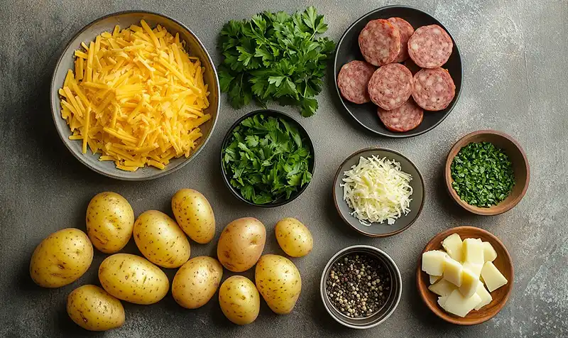 Main ingredients for Cheesy Ranch Potato Bake with Sausage