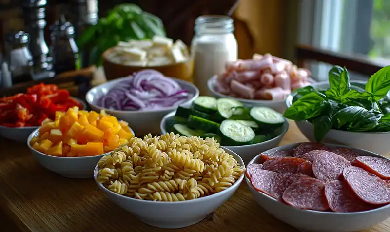 Main ingredients for High-Protein Italian Pasta Salad