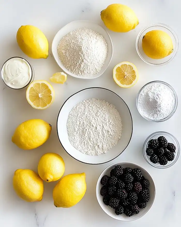 Lemon Poppy Seed Cupcakes with Blackberry Frosting 3 Main ingredients for Lemon Poppy Seed Cupcakes with Blackberry Frosting