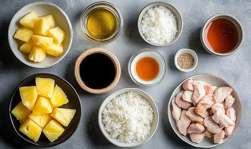 Main ingredients for one-pan pineapple chicken and rice