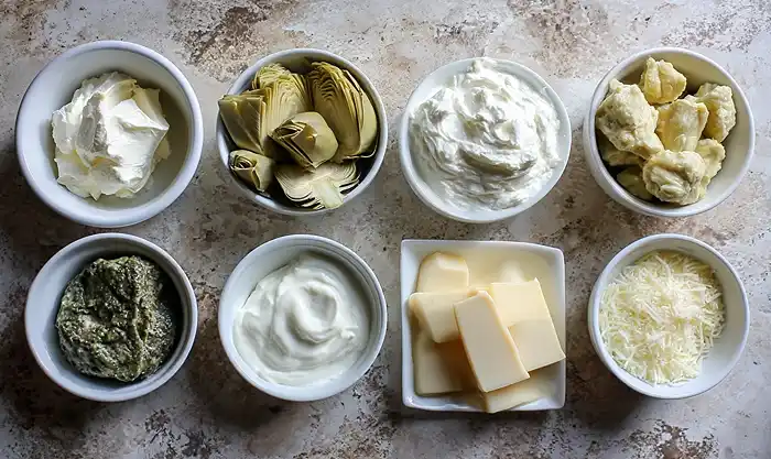 Main ingredients for spinach artichoke dip