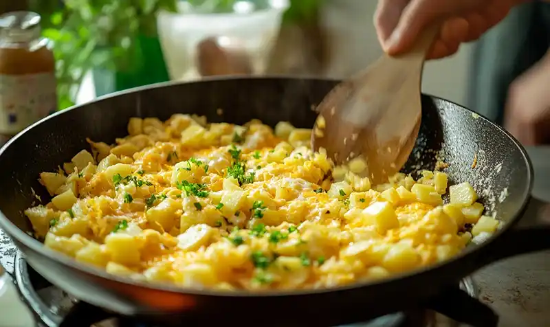 Making the Cheesy Potato Egg Scramble