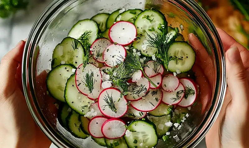 Mixing the ingredients for Dewy Dill Delight Radish and Cucumber Salad