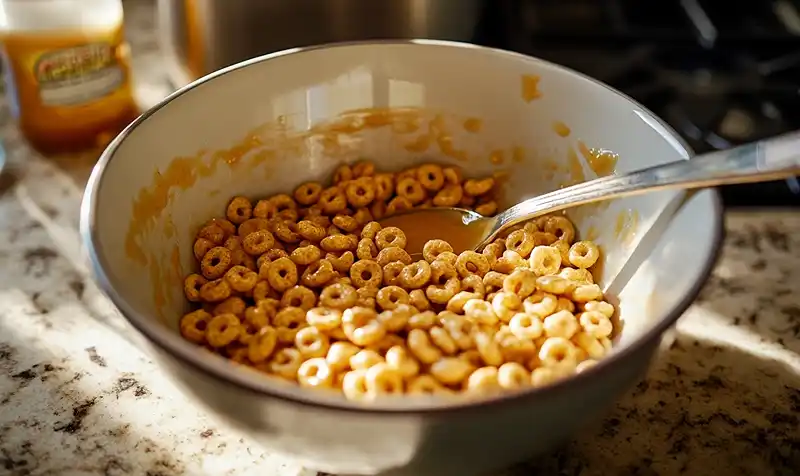 Preparing the No-Bake Cheerio and Peanut Butter Bars